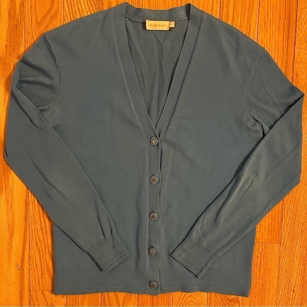 Tory Burch Color Block Solid Light Blue Cardigan Sweater Logo Buttons Sz XS